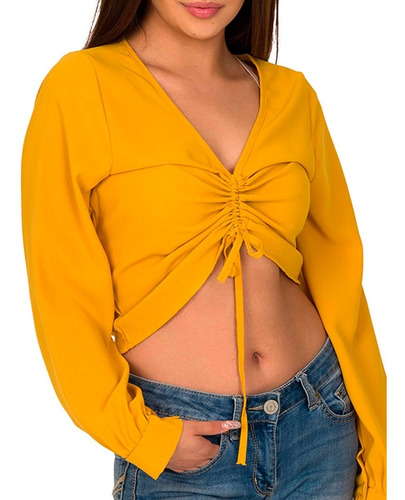 Crop Top Moda Mujer Lisa Cordón Fruncido Manga Larga Ej4886