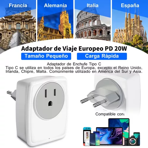 Adaptador de enchufe de viaje europeo con puerto de carga USB-C (no para  Reino Unido) Convertidor de salida de Europa para España, Francia,  Alemania