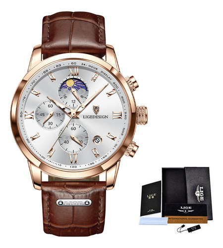 Cuarzo Relojes Hombres Impermeable Strap Moda Men Wristwatch Correa Marrón Fondo Blanco