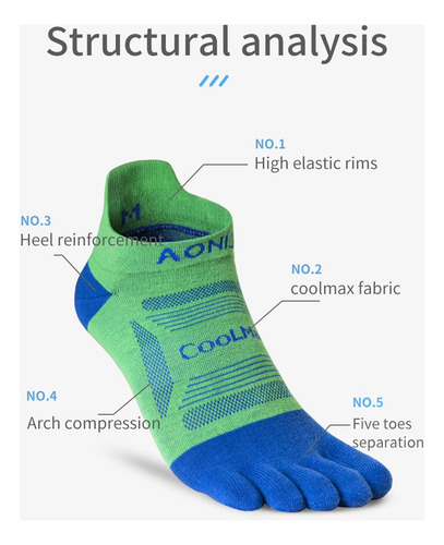 Medias 5 Dedos Corte Bajo Coolmax Running Aonijie Pack X3 Varios M (39-42)
