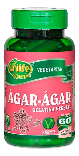 Gelatina vegetal de agar-agar 600 mg - 60 cápsulas - Unilife Natural Flavor