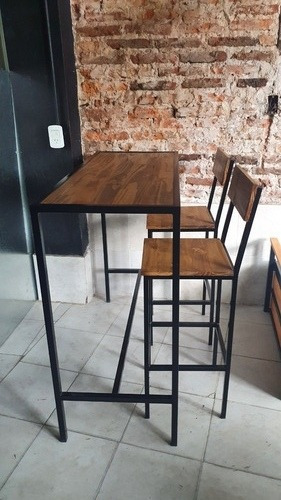 Mesa Barra Desayunador 120x50 + 2 Taburetes Hierro Y Madera