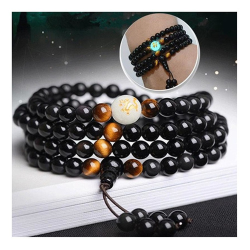 Imagen 5 de 6 de Pulsera De Piedra Natural De Obsidiana De 108 Cuencos De 6mm