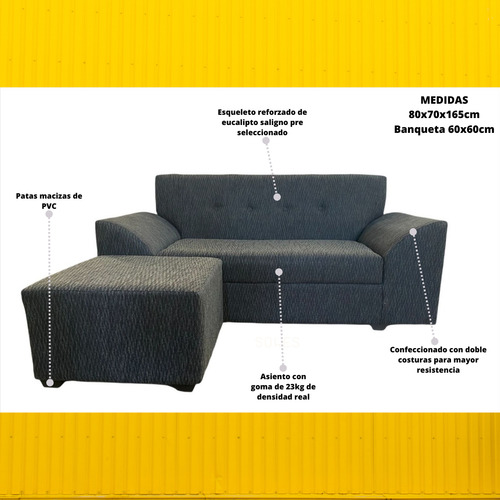 Sofa Con Banqueta Movil 3 Cuerpos Chenille Anti Desgarro Gris Oscuro Chenille Anti Desgarro