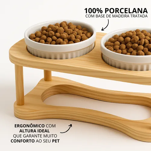 Comedouro Pet Elevado Em Madeira E Porcelana Branca 320ml Cor Com...