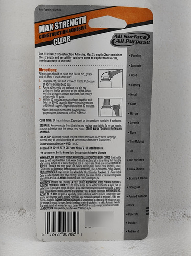 Gorilla Adhesivo De Construccion Tubo Traslucido 74 Ml
