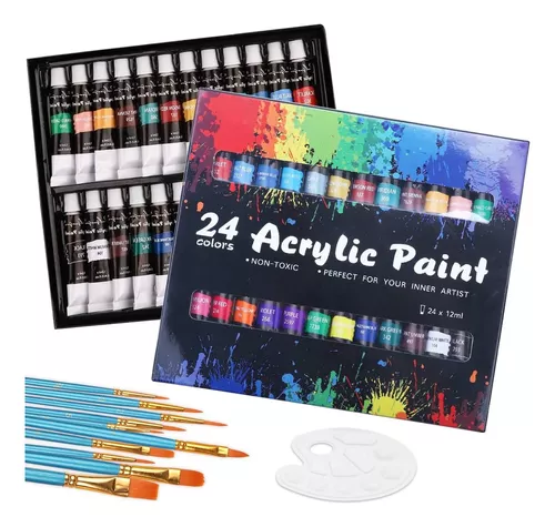 Kit De Pintura Acrilica 24 Colores Con 10 Pincel Y 1 Paleta