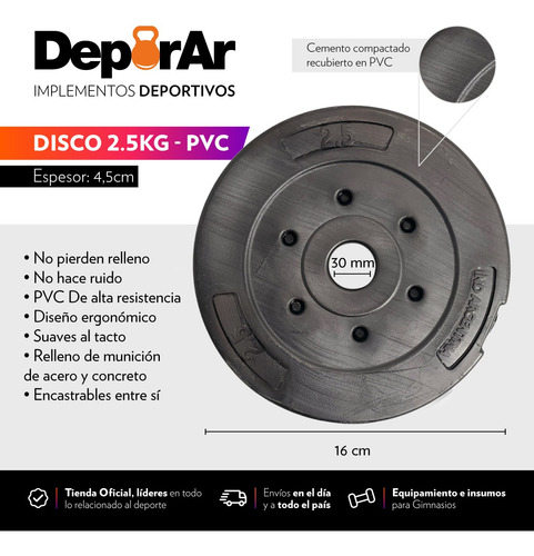 Imagen 4 de 10 de Kit Mancuernas Y Barra Con Tope A Rosca + 10 Kg Discos Pvc