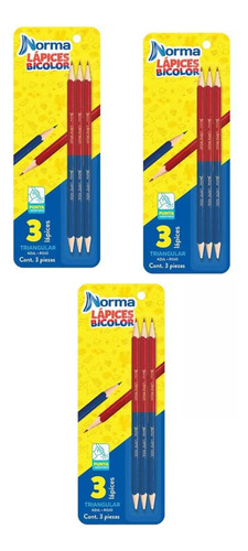 Paquete De 9 Lapiz Bicolor Triangular Norma Rojo - Azul