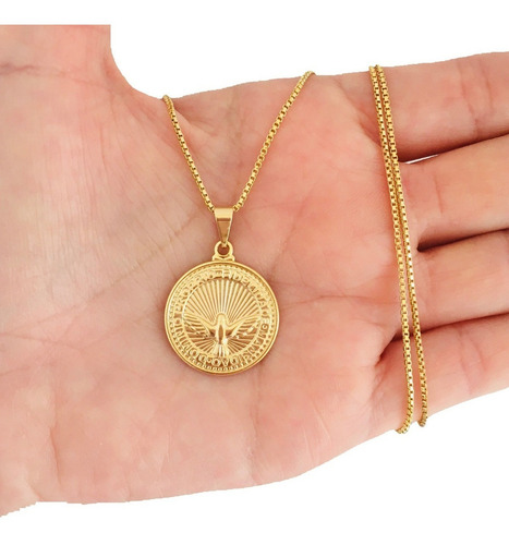 Colar Divino Espírito Santo Medalha Redonda Folheado A Ouro Cor Dourado