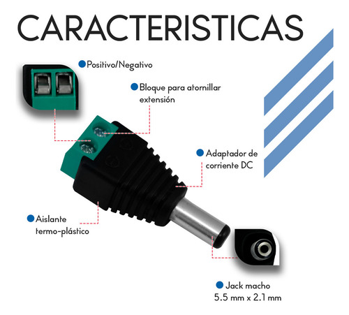 2pz Conector Dc Macho 2.1mm X 5.5mm 12ow, 10a Power Jack Adaptador Cctv Color Negro Diler