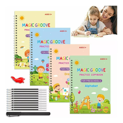 Set 4 Cuadernos Mágicos Caligrafía Aprendizaje Reutilizable
