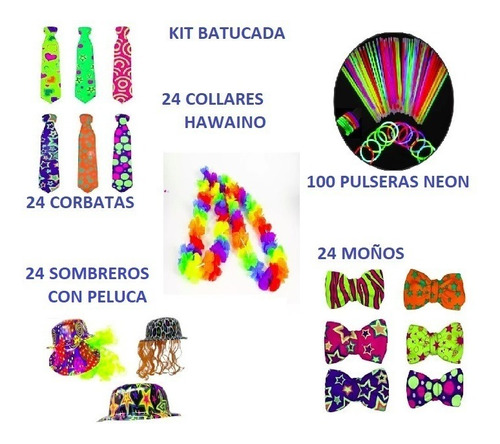 Kit 196pzbatucada Gorro Corbata Moño Pulsera Collar Hawaiano