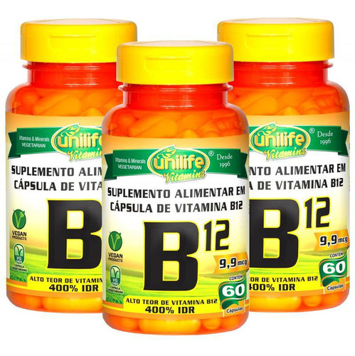 Vitamina B12 Cobalamina Vegana 60 Cápsulas 450mg Kit Com 3