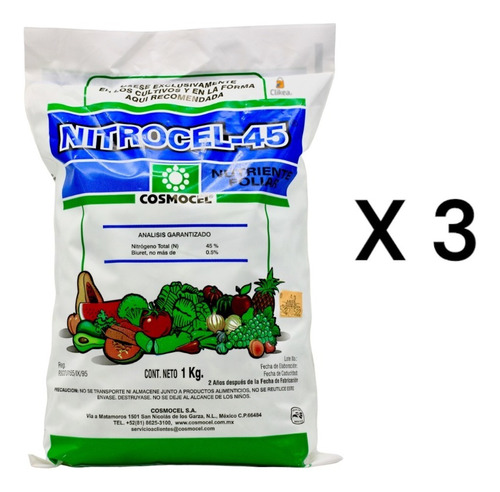 Pack 3 Nitrocel 45 Nutriente Foliar Crecimiento Plantas 3 Kg