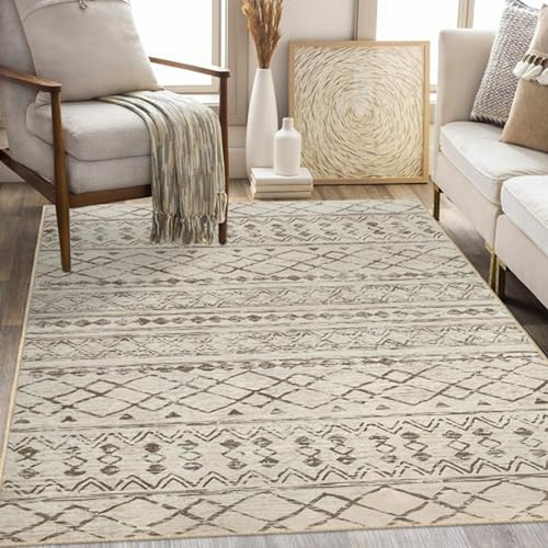 Alfombra 4x6 Beige Estilo Boho, Lavable Para Sala, Suave