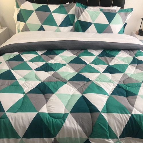 Imagen 4 de 4 de Plumón Queen Estampado +2 Fundas Triangulos Verdes