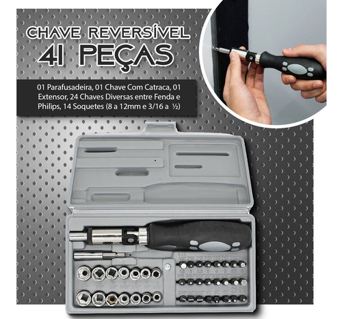 Imagem 3 de 5 de Kit Chave Catraca Parafusadeira Fenda Philips Soquetes 41 Pç