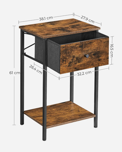 Vasagle Mesita De Noche, Mesa Auxiliar Con Cajón De Tela Color Marrón Rústico Negro