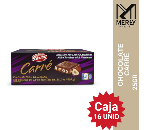 Chocolate Carré Avellana 25gr (caja X16). Mereymarket