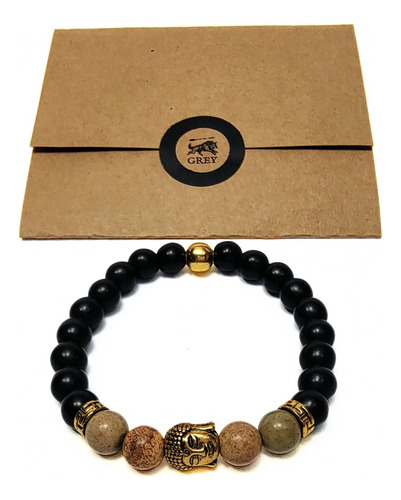Pulsera De Hombre Jaspe Madera + Dije Buda Oro Antiguo
