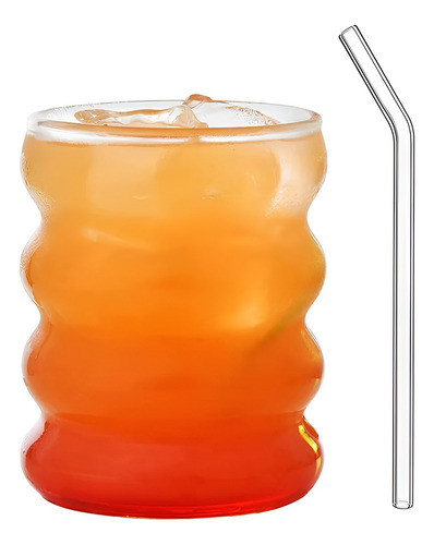 Vaso De Vidrio Ondeado Y Sorbete Vidrio 350ml Jugo Tragos Incoloro