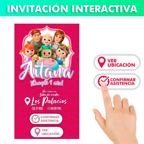 Invitación Digital Con Temática De Cocomelon Color Fucsia 