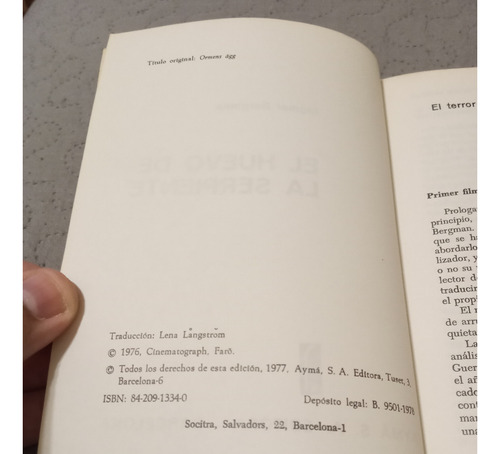 Libro El Huevo De La Serpiente De Ingmar Bergman. (Usado)