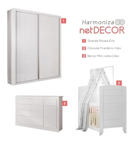 Conjunto Quarto Bebê Completo Cléo 100%mdf Com Guarda Roupa