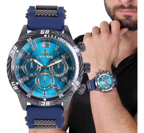 Reloj impermeable a prueba de salpicaduras para hombre, correa de pulsera, color P, bisel, color fondo azul plomo