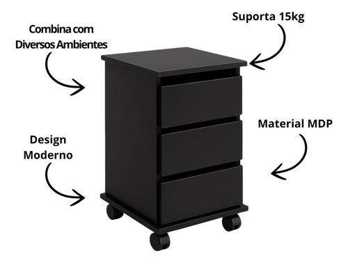 Gaveteiro 62cm Com Rodas Para Escritório 3 Gavetas