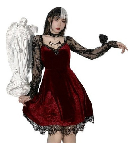 Vestido De Halloween Sexy Encaje Patchwork Manga Larga .