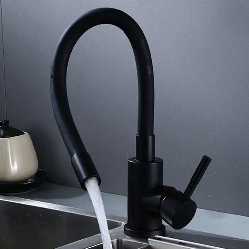 Llave Lavaplatos Monomando Cuello Flexible Negro Giratorio