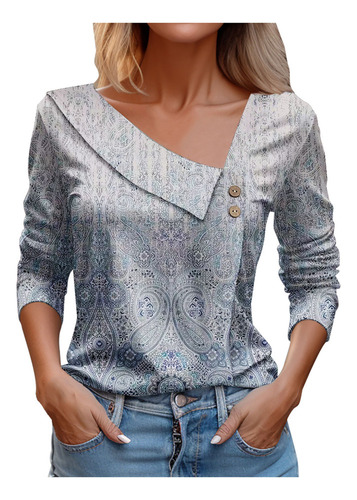 Camiseta K Tops De Manga Larga Con Cuello En V Y Botones Est