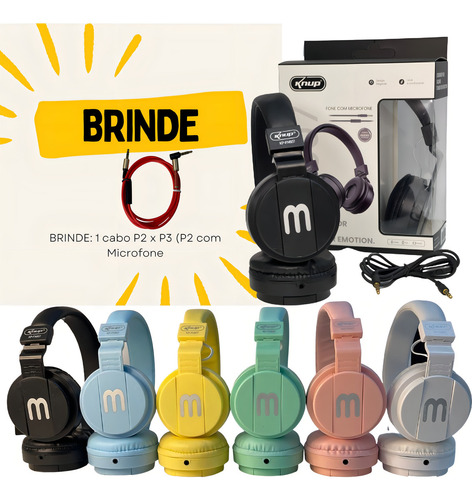 Headfone Com Cabo Removível E Microfone Fone De Ouvido Cor Preto, Branco, Azul, Verde, Amarelo E Rosa