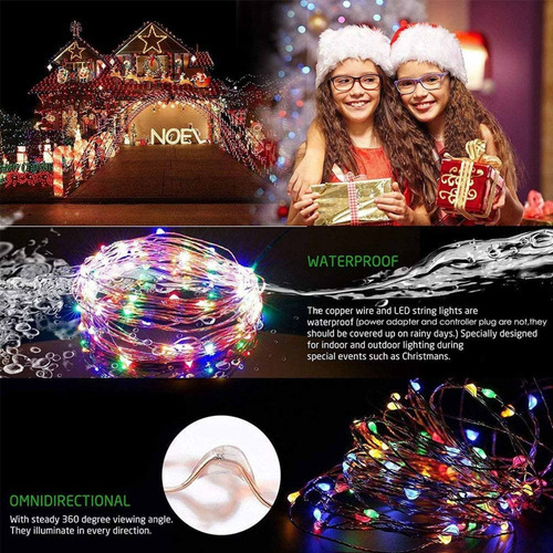 Imagen 8 de 10 de Guirnalda Luces Led Alambre 100led Multicolor 10 Mts Solar