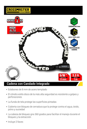 Imagen 2 de 4 de Cadena Con Candado Integrado 8mm X 1.0mt Crossmaster 9933425