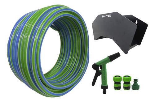 Manguera Riego 3/4x25 Reforzada + Soporte Shopfer + Pistola Color Azul Y Verde