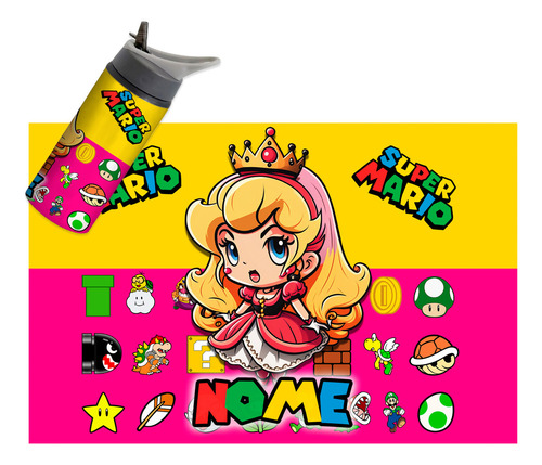 Garrafinha Peach Super Mario Canudo Bico Personalizada Nome