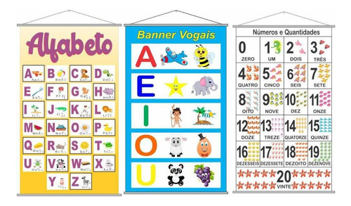 Kit 3 Banners Pedagógicos Para Alfabetização E N° Até 20 P