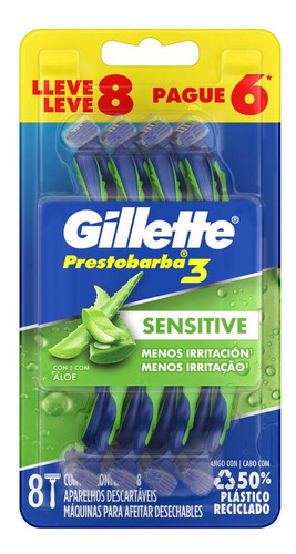 Aparelho De Barbear Prestobarba 3 Gillette Sensitive 8 Unid