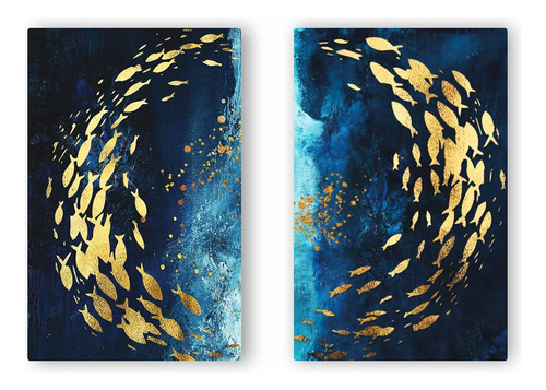 Peixes Dourados Cardume Arte Aquarela Kit 2 Quadros Canvas