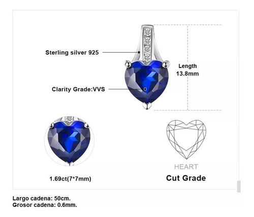 Imagen 4 de 6 de Collar Cadena Para Mujer Zafiro Azul Corazón Plata 925