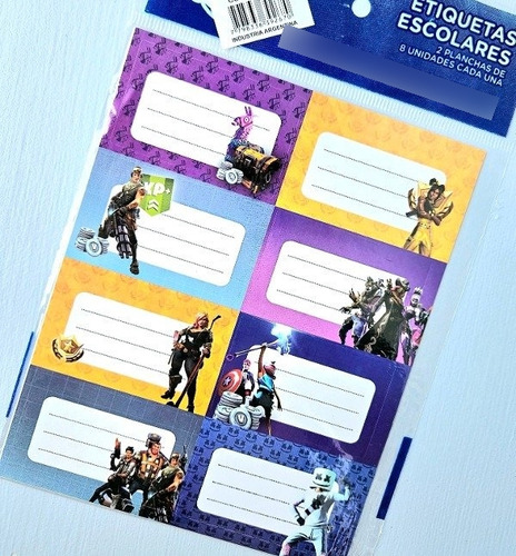 Etiquetas Escolares Autoadhesivas Pack X 16 Etiquetas Color Fortnite Diseño Impreso Fortnite