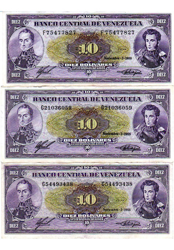 10 Bolivares Venezuela 1988 Set De 3 Billetes Coleccion 