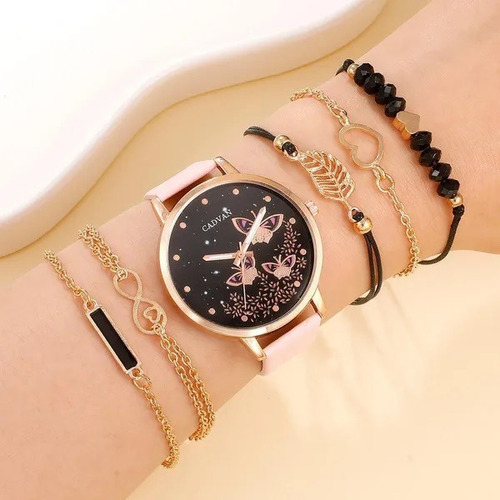 Set Reloj Dama Cadvan 15-200 Dorado + 5 Brazaletes Rosa Dorado Oscuro Negro