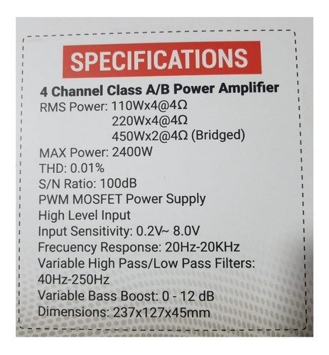 Imagen 5 de 10 de Amplificador Rock Series Rks-p110.4 2400w 4 Canales Ab