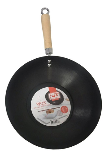 Imagen 3 de 8 de Wok Sarten De Chapa Antiadherente Con Manija De Madera 30cm