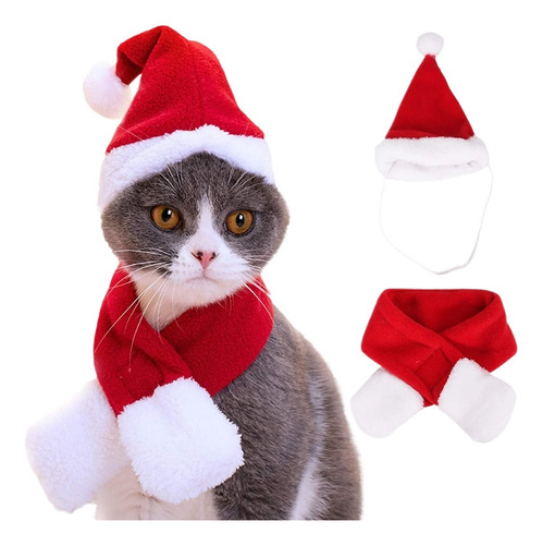 Traje De Navidad Gorro De Papá Noel Gato Con Bufanda 4 Pieza