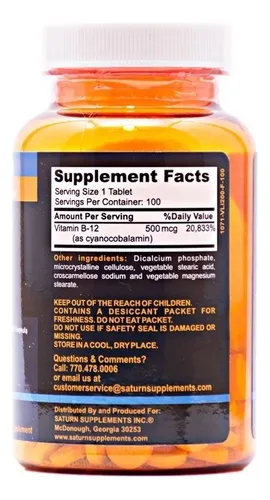 B-12 X 100 Tabs Saturn Supplements Vitamina B12
